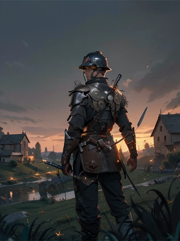 Cartoon style pictures ,(Europe),(Shooting from above),man,midnight,Overall black tone,Metal Armor, Medieval dilapidated countryside village,farmland,river,torch,horse,farmer,companion,Soldier,laboeld,farming,(Visor Helmet,In the shadows,Faceless,健壮的man, strong, shabby),dynamic poses, ((Turn your back to the camera,look into the distance,not looking at camera)),
