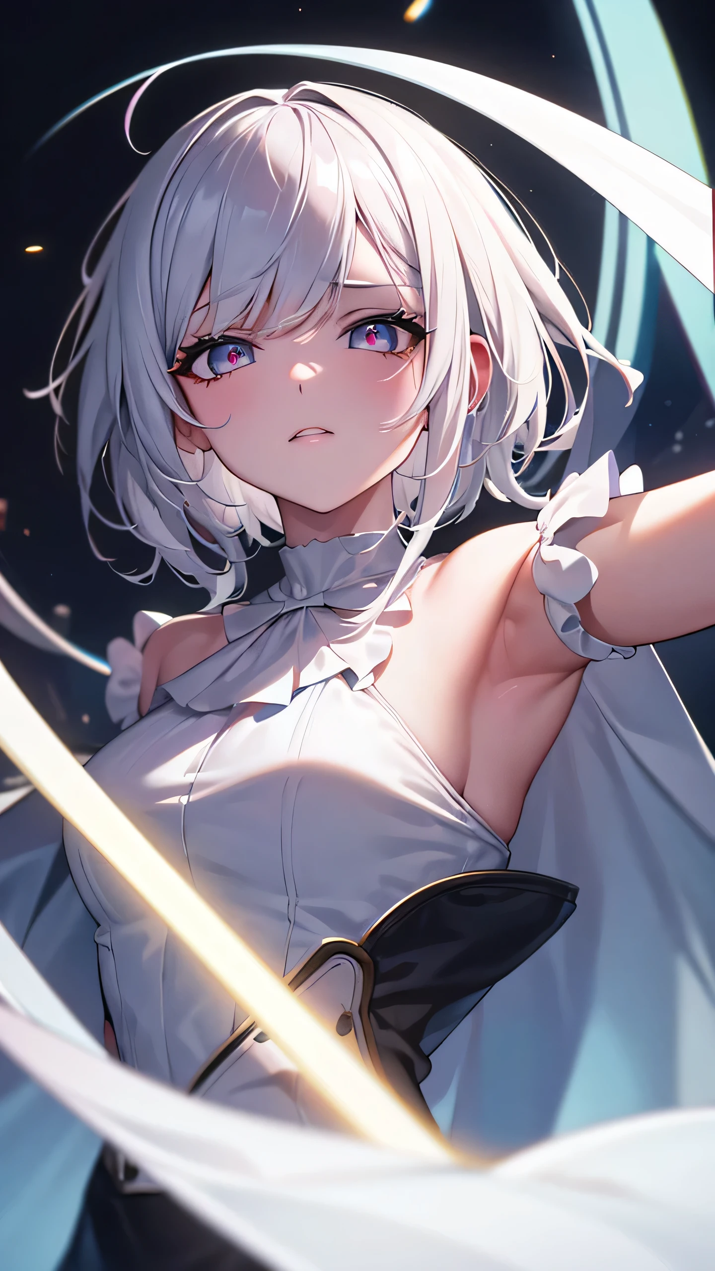 masterpiece, best quality, 8k, , raw photo, absurdres, award winning portrait,(girl in anime), solo, night, neon, idol face, violaceaess, gardeniass, delicate girl,(White hair), upper body, DSLR, looking at viewer, candid, sophisticated, youthful, thin arms, professional lighting, film grain, chromatic aberration, (detailed eyes and face:1.0), (bokeh:1.1)