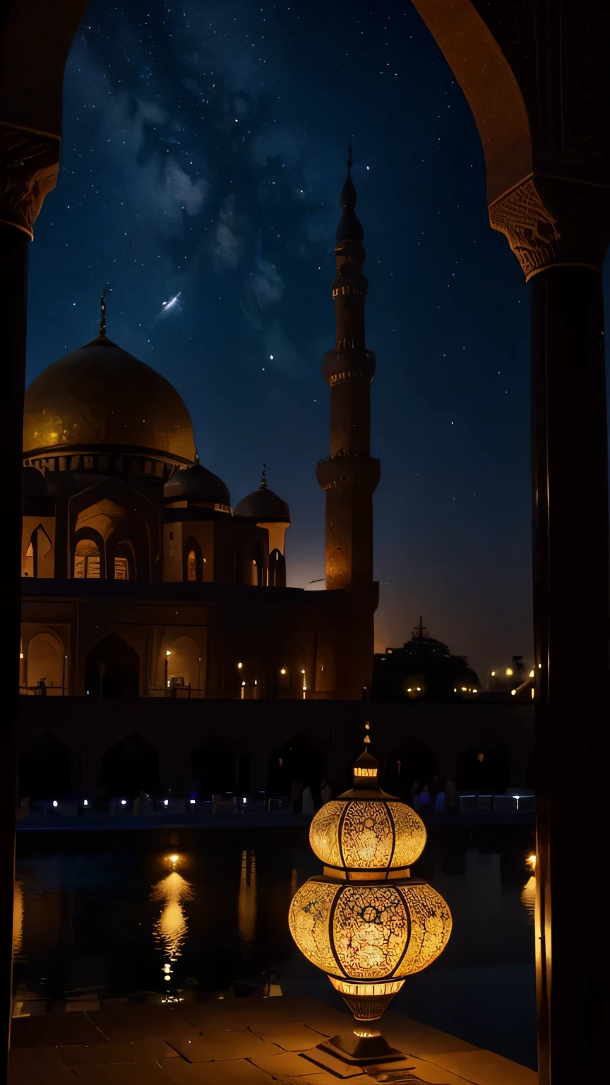 (best quality,4k,8k,highres,masterpiece:1.2),ultra-detailed,(realistic,photorealistic,photo-realistic:1.37),mosques adorned with lights and decorations for Ramadan,beautiful detailed architecture, stunning patterns and intricate designs, vibrant colors reflecting the festive atmosphere, warm and inviting glow, night view with moonlit sky, shimmering reflections on the water surface, intricately carved minarets, intricate geometric patterns, decorative domes, ornate calligraphy, peaceful courtyard with fountains, elegant arches and columns, people praying, joyful celebrations, harmony and unity, traditional lanterns illuminating the surroundings, soft lighting enhancing the ambiance, serene atmosphere, starry night sky, glorious crescent moon, symbolic elements depicting Ramadan festivities, grand entrance with welcoming lights, cultural diversity and richness,  respectful and serene environment,  spiritual sanctity, peaceful coexistence, spiritual connection, architectural wonders blending tradition and innovation, breathtaking beauty, awe-inspiring splendor, tranquil and sacred setting, an epitome of Islamic art and culture, a key symbol of faith, spiritual journey, historical significance, a place of introspection和reverence, captivating and enchanting view, unique blend of religious and cultural symbolism