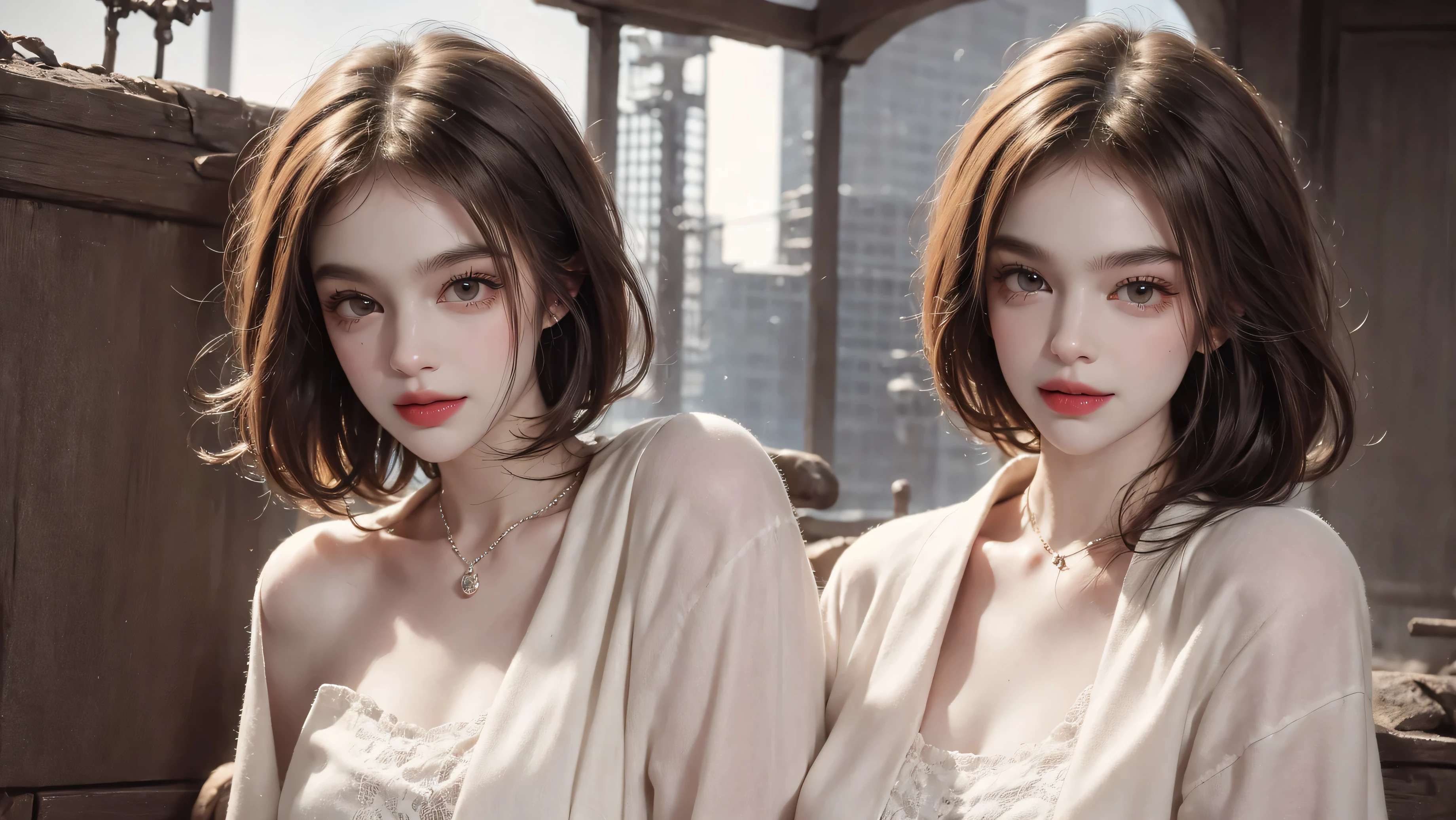 outdoor、Light brown short hair、smile、