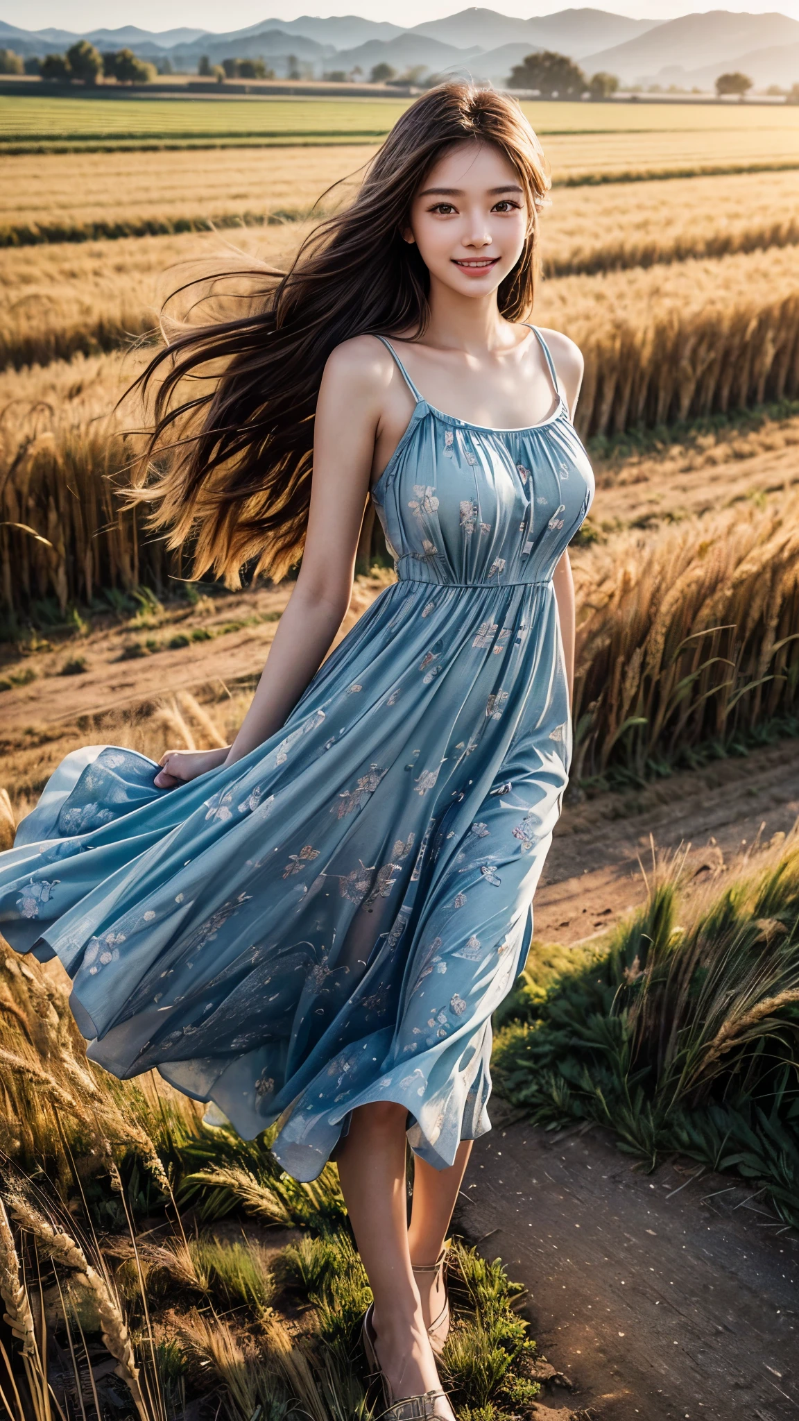 ((Masterpiece 1.4)), CG Unity 8k walpaper, ((Realistic: 1.2)), Ray Tracing, 64k, Beautiful 20 years girl, Asian realistic girl, ((Young perfect slender Girl)), Ultra Realistic, ultra HD, ((Cyan colour Sundress)), (floral Dress)), ((Super round breast under the dress)), ((young breasts)), Young body, perfect shape body, ((romantic looks)), stylish Poses ((Wheat agriculture Fields)), ((Detailed wheat Fields)), ((healthy wheat plants in Fields)), Standing, ((Every where wheat Fields)), Beautiful smile, ((smile: 1.2)), ((detailed background)), ((Detailed Dress)), ((Detailed body)), ((detailed skin)), ((realistic lips)), ((realistic smile)), Long Black hair, cinematic lighting, cinematic Photography, High resolution Dress Quality, High resolution picture quality,