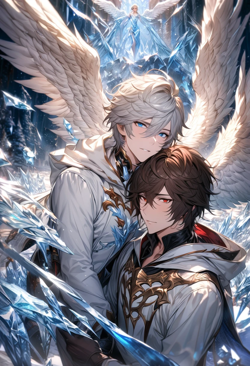 absurdres, highres, ultra detailed, HDR), masterpiece, Lucifer, white short hair, hair between the eyes, vibrant blue eyes, Sandalphon, dark brown short hair, hair between the eyes, vibrant red eyes, 2men together, gay couple, handsome, granblue fantasy, fantasy black and white clothes, angel wings, winter, ice butterflies, ice flowers
