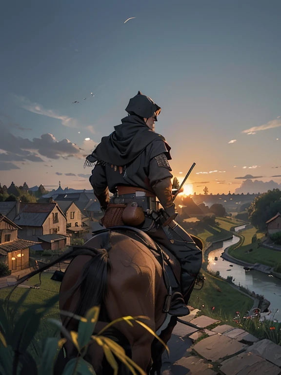 Cartoon style pictures ,(Europe),(Shooting from above),man,midnight,Overall black tone,farmer装束, Medieval dilapidated countryside village,farmland,river,torch,horse,farmer,companion,Soldier,laboeld,farming,(Hood,In the shadows,Faceless,健壮的man, strong, shabby),dynamic poses, ((Turn your back to the camera,look into the distance,not looking at camera)),