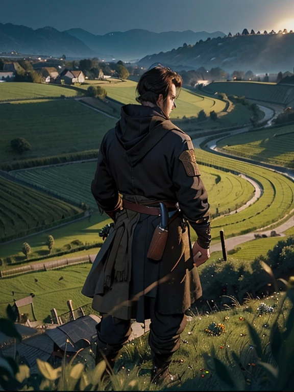  Cartoon style pictures ，(Europe)，（Shooting from above），man,midnight，Overall black tone，farmer装束， Medieval dilapidated countryside village，farmland，river，torch，horse，farmer，companion，Soldier，laboeld，farming，(Hood，In the shadows，Faceless，健壮的man, strong, shabby),dynamic poses， ((Turn your back to the camera，look into the distance，not looking at camera)), 