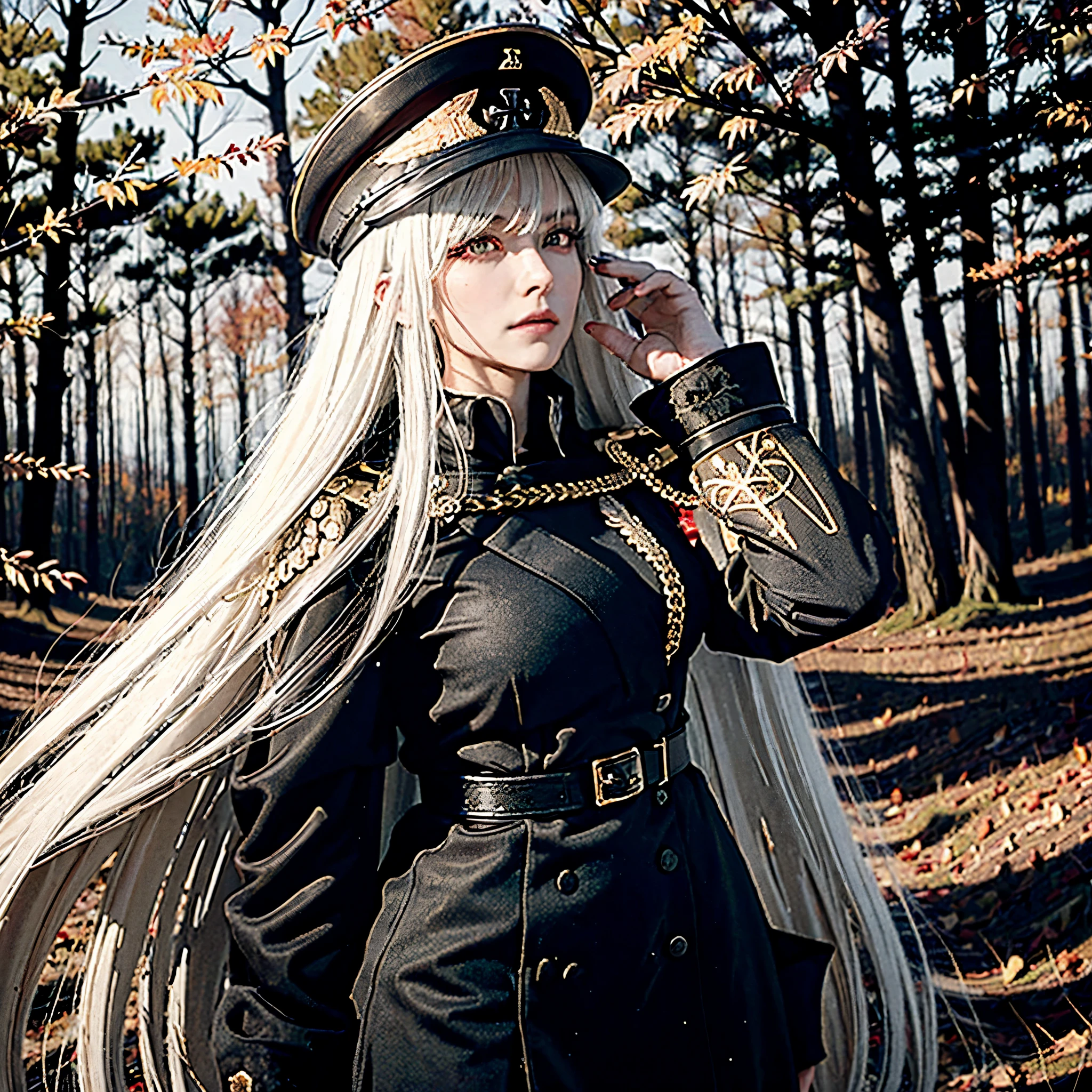 a woman wearing a black gothic style military uniform, black military hat with gold details, iron cross symbol on the military hat, long white hair, red eyes, black boots, in an autumn themed forest, (just one woman, solo),HDR, very detailed, ultra resolution, masterpiece. 8k hd.
