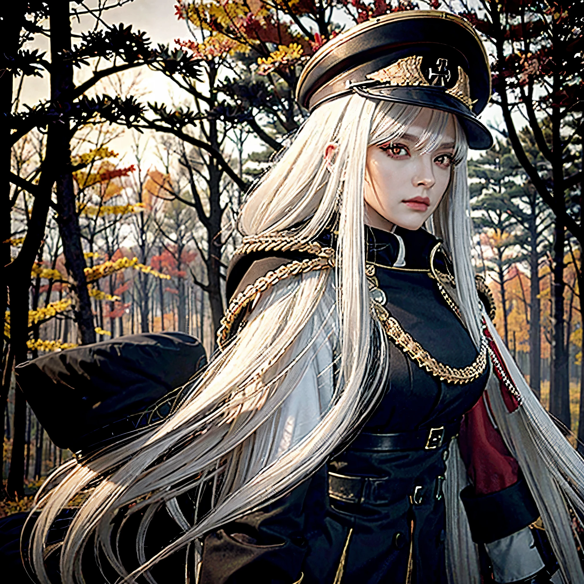 a woman wearing a black gothic style military uniform, black military hat with gold details, iron cross symbol on the military hat, long white hair, red eyes, black boots, in an autumn themed forest, (just one woman, solo),HDR, very detailed, ultra resolution, masterpiece. 8k hd.
