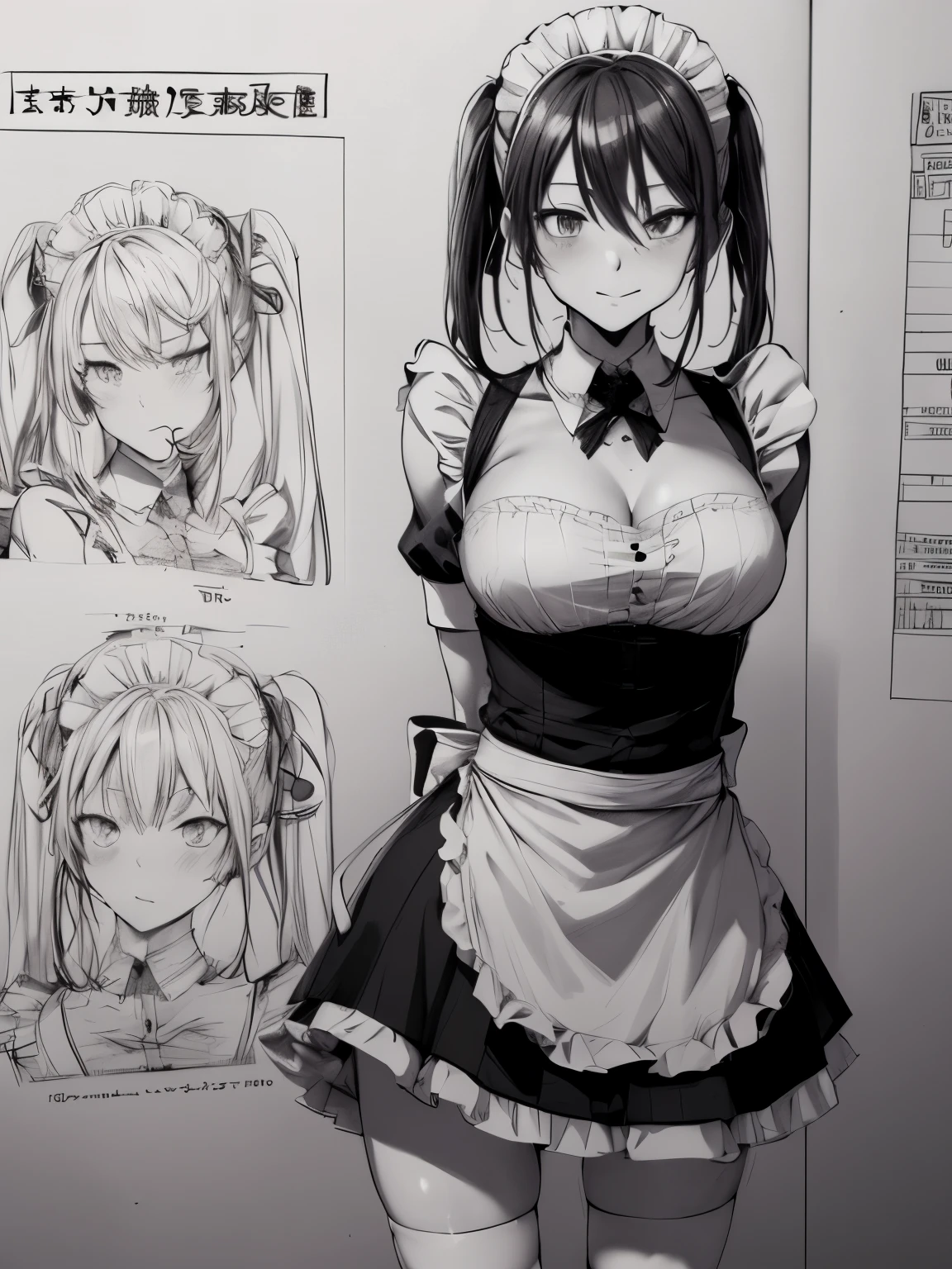 sketch_style, (1 girl,Maid,hands behind her back), solo, ink, sketch,family restaurant,Anime line art,afterimage, character chart, negative space, tachi-e, anime style