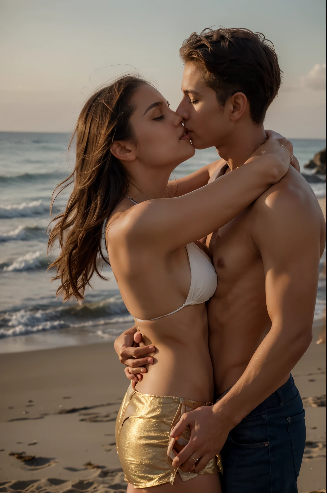 An couple on beach, kissing, hugging, beautiful, lovely, sunkissed, realistic, 4k