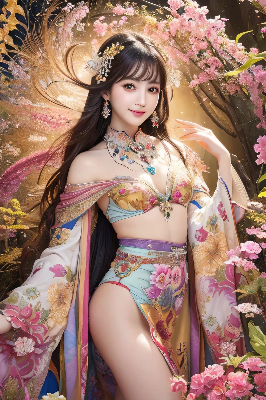 (masterpiece、highest quality、highest quality、official art、beautiful beautiful:1.2)、(1 girl)、very detailed、(fractal art:1.3)、Colorful、most detailed,(Pose with movement:1.4)、Details Beautiful and delicate face、Beautiful details and delicate eyes、very fine resolution, (symmetrical eyes:1.3),((japanese hair)),((natural smile)),Floral,feather