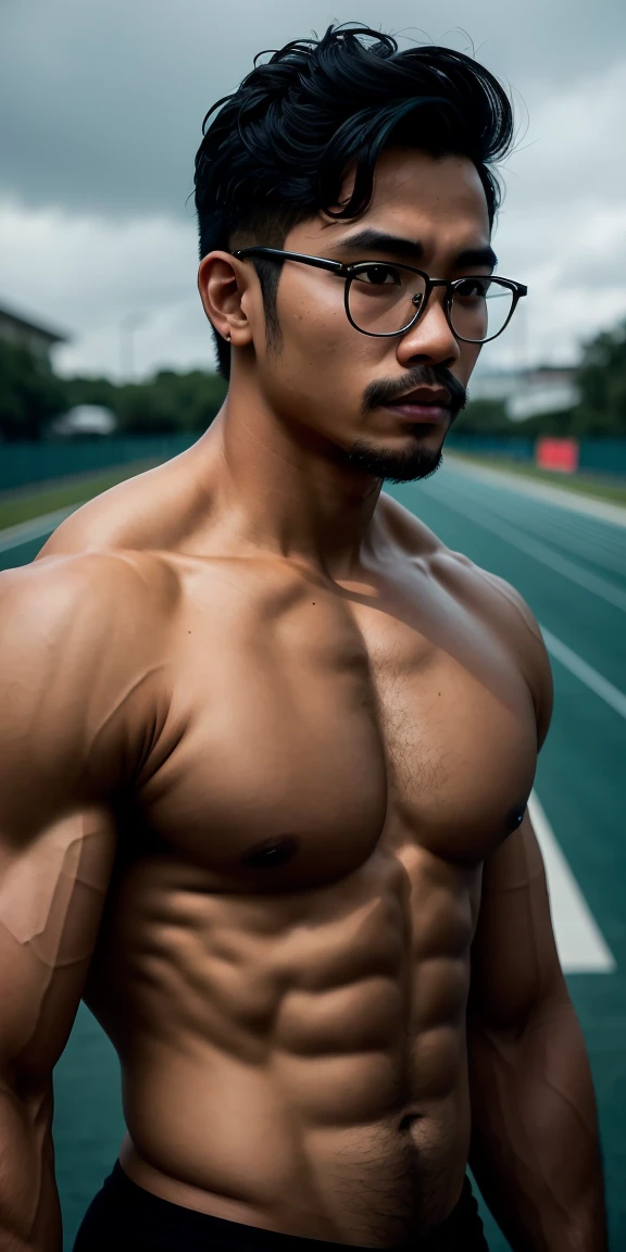 Beautiful adult Indonesian male college student,25 years old， hairy body, (Wearing transparent gold-rimmed glasses), Military Flathead, Mustache，wearing tights, (大包convex显)，convex，Outside track and field, ((Slim, muscular)), Full chest muscles，swollen chest muscles，Six-pack abs，majestic man，Masculine and strong，photoactual, photo, masterpiece, actual, realism, photorealism, high contrast, photoactual digital art trending on Artstation 8k HD high definition detailed actual, detailed, Texture, hyper detailed, actual Texture, armature, best quality, ultra high resolution, (photoactual:1.4),, High resolution, detailed, raw photo, Sharp Re, by lee jeffries nikon d850 film stock photograph 4 kodak portra 400 camera f1.6 lens rich colors hyper actual lifelike texture dramatic lighting unrealengine trending on artstation cinestill 800,