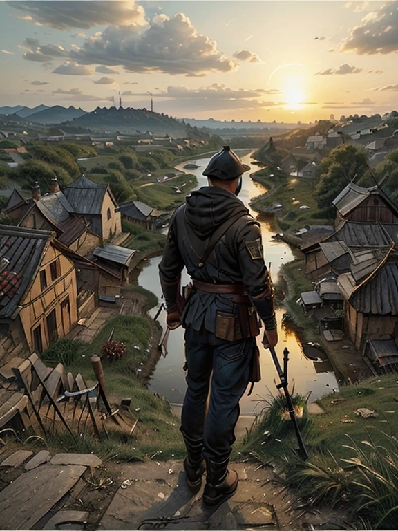 Cartoon style pictures ,(Europe),(Shooting from above),man,midnight,Overall black tone,farmer装束, Medieval dilapidated countryside village,shabby木头房屋,farmland,river,torch,horse,farmer,companion,Soldier,laboeld,farming,(Hood,In the shadows,Faceless,健壮的man, strong, shabby),dynamic poses, ((Turn your back to the camera,look into the distance,not looking at camera)),