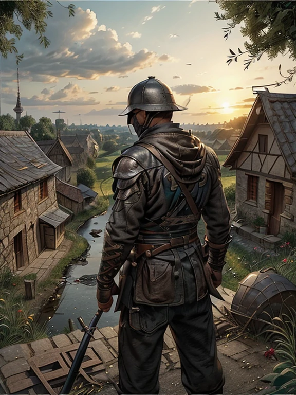 Cartoon style pictures ,(Europe),(Shooting from above),man,midnight,Overall black tone,farmer装束, Medieval dilapidated countryside village,shabby木头房屋,farmland,river,torch,horse,farmer,companion,Soldier,laboeld,farming,(Hood,In the shadows,Faceless,健壮的man, strong, shabby),dynamic poses, ((Turn your back to the camera,look into the distance,not looking at camera)),