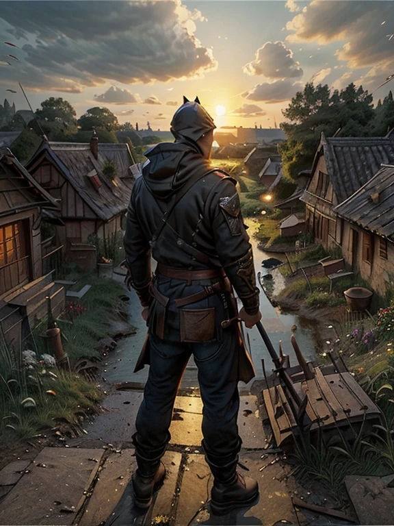 Cartoon style pictures ,(Europe),(Shooting from above),man,midnight,Overall black tone,farmer装束, Medieval dilapidated countryside village,shabby木头房屋,farmland,river,torch,horse,farmer,companion,Soldier,laboeld,farming,(Hood,In the shadows,Faceless,健壮的man, strong, shabby),dynamic poses, ((Turn your back to the camera,look into the distance,not looking at camera)),