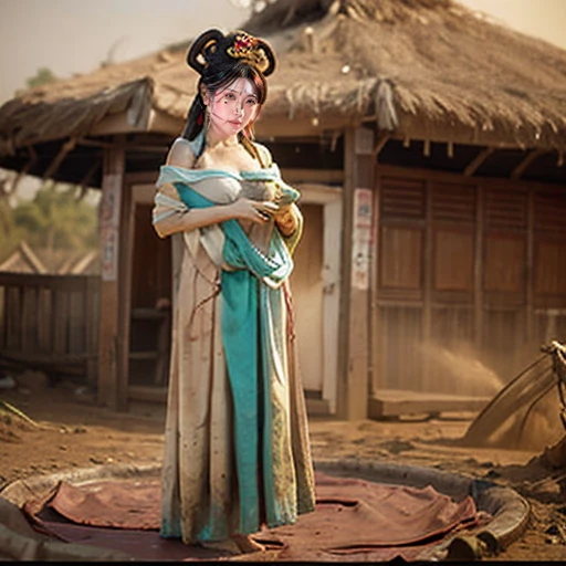 NSFW、perfect face、Mrs. Mi、Three Kingdoms、battle of nagasaka、dirty with dust and mud、big 、full nude、full body、big areola、Pubic hair of the same color as the hair、In a dark, shabby hut、messy hair、sweating、after being raped、scared face、Standing on the straw mat