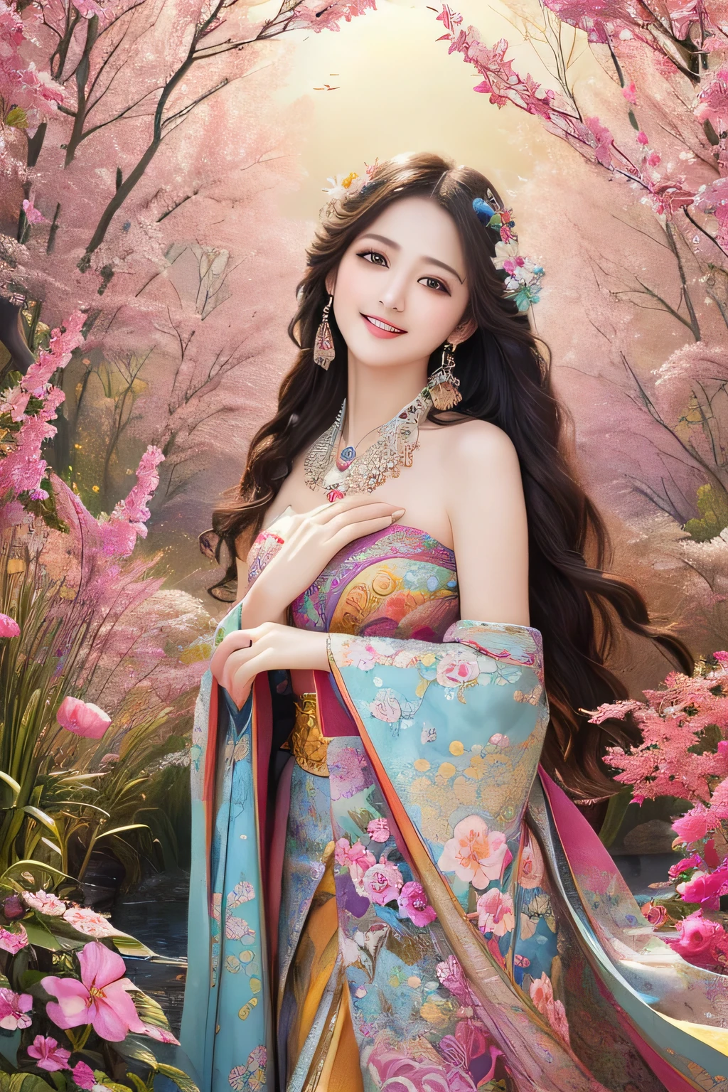 (masterpiece、highest quality、highest quality、official art、beautiful beautiful:1.2)、(1 girl)、very detailed、(fractal art:1.3)、Colorful、most detailed,(Pose with movement:1.4)、Details Beautiful and delicate face、Beautiful details and delicate eyes、very fine resolution, (symmetrical eyes:1.3),((japanese hair)),((natural smile)),Floral,feather