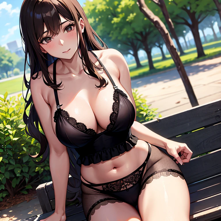 40 year old woman wearing black lingerie. in position of 4. in a public park. Long wavy brown hair.