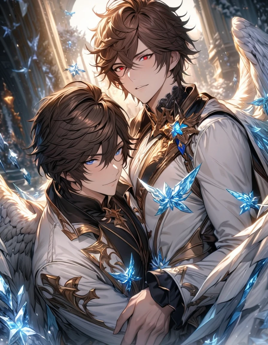 absurdres, highres, ultra detailed, HDR), masterpiece, Lucifer, white short hair, hair between the eyes, vibrant blue eyes, Sandalphon, dark brown short hair, hair between the eyes, vibrant red eyes, 2men together, gay couple, handsome, granblue fantasy, fantasy black and white clothes, angel wings, winter, ice butterflies, ice flowers
