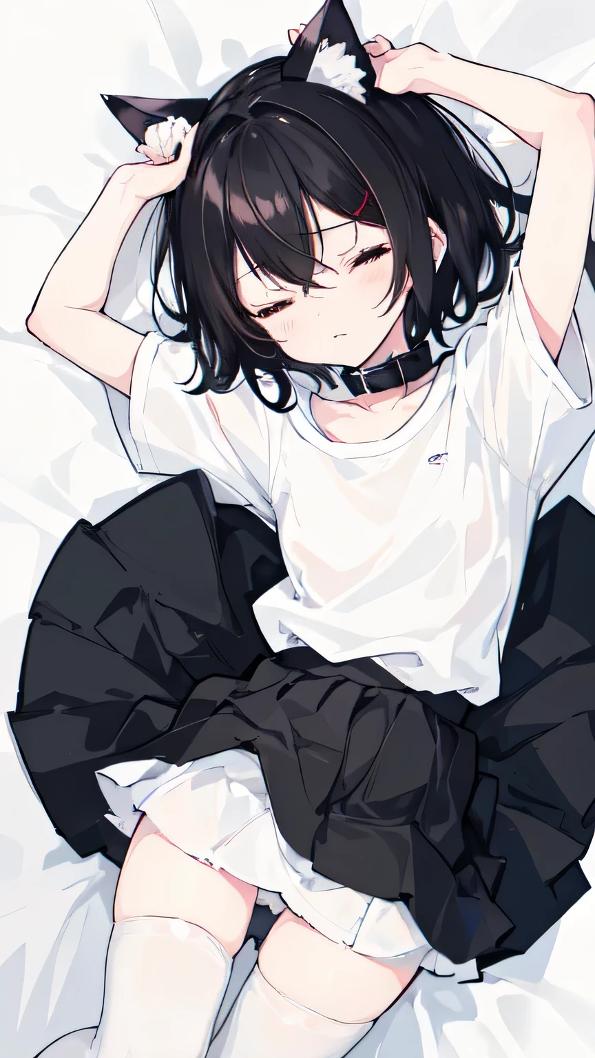 1 girl, Short black hair, has cat ears, wears a collar, sleeps and wears a large white shirt. White bedroom background, , , fleshy legs, white stockings, eyes closed