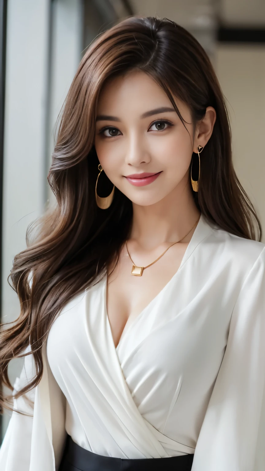 table top, highest quality, realistic, Super detailed, finely, High resolution, 8k wallpaper, 1 beautiful woman,, light brown messy hair, wearing a business suit, sharp focus, perfect dynamic composition, detailed and beautiful eyes, fine hair, Detailed and realistic skin texture, smile, close-up portrait, model body shape、((Super long brown hair:1.2))、((Hair with loose waves inside:1.2)),((shy smile:1.3)),((gold necklace_Large earrings:1.2)),full body shot、in the office hallway、Coming running up to you、smileで走ってくる、With her hair flying、(((standing full body figure supermodel, full body shot, the whole body fits within the frame))),(blazer jacket:1.4)、((((worn inside the shirt, wearing a blouse, Wearing a white very short shirt, smooth white tight clothing suit, Business service:1.3)))),((Smiling_running towards here_long flowing hair:1.4))((full body shot:1.3))、((full body shot:1.3))