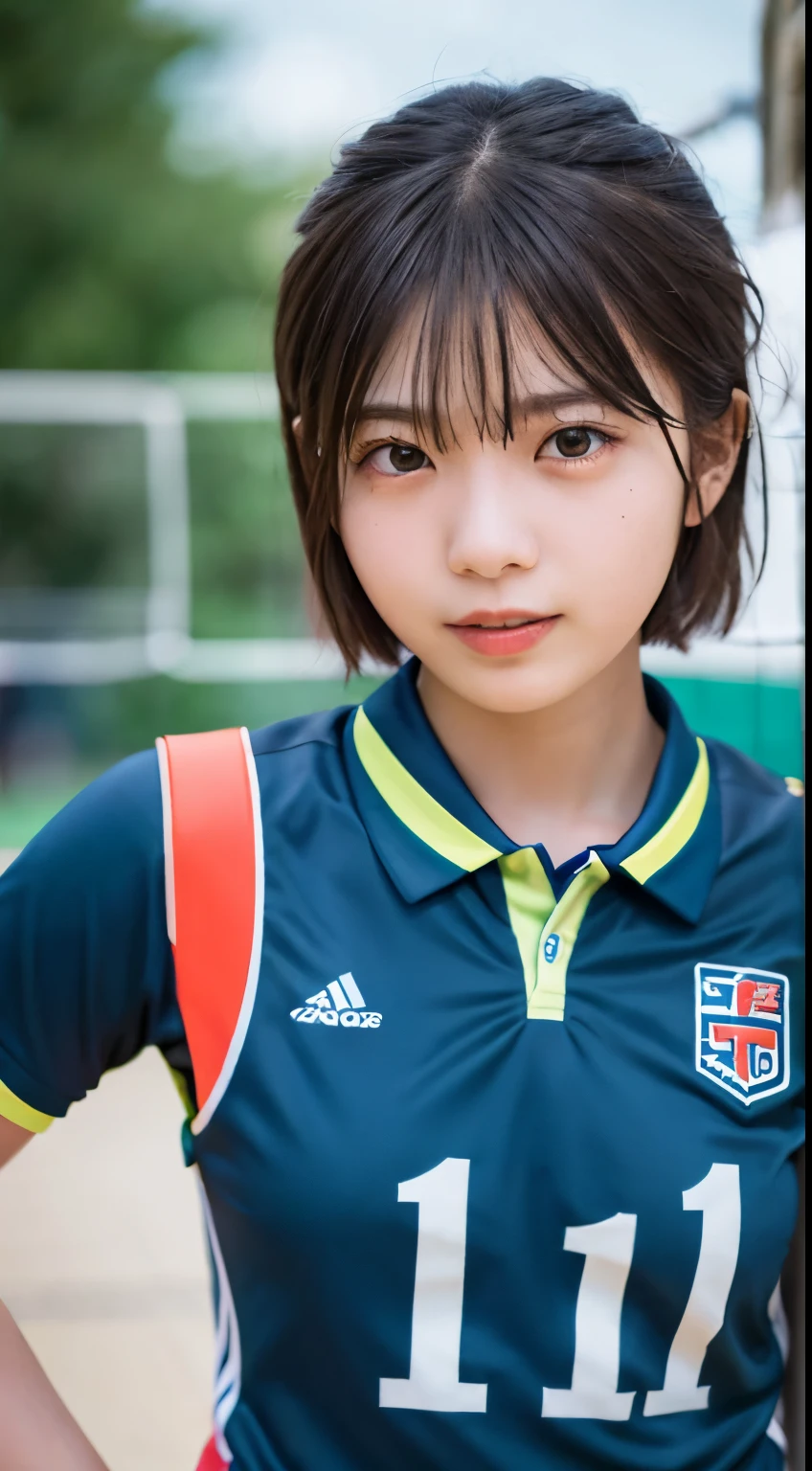 table top, highest quality, 8K, 15 year old student, teen, Raw photo, absurd, award-winning portraits, mouth, alone, night, neon, idol face, violaces, gardenia, delicate girl, Upper body, Digital single-lens reflex camera, looking at the viewer, Frank, Sophisticated, Zola々right, thin arms, professional lighting, film grain, chromatic aberration, (Eye and face details:1.0), (Bokeh:1.1) , volleyball uniform , short hair