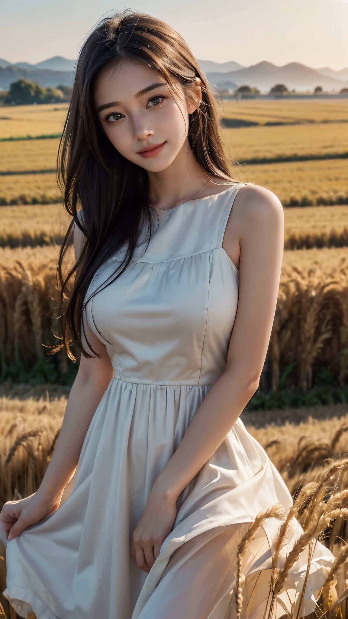 ((Master piece: 1.4)), Extremely CG Unity 8k walpaper, ((Realistic: 1.2)), Ray Tracing, 64k, Beautiful 22 years girl, Asian realistic girl, ((Young perfect slender Girl)), Ultra Realistic, ultra HD, ((taffy colour luxury Sundress)), ((Super round breast under the dress)), ((young breasts)), Young body, perfect shape body, ((romantic looks)), stylish Poses ((Wheat agriculture Fields)), Sleeping on Grass fields, ((Eyes open)), ((Every where wheat Fields)), (only wheat Fields)), Beautiful smile, ((smile: 1.2)), ((detailed background)), ((Detailed Dress)), ((Detailed body)), ((detailed skin)), ((realistic lips)), ((realistic smile)), ((Long Black silky hair)), cinematic lighting, cinematic Photography, High resolution Dress Quality, High resolution picture quality, Morning Light, Foggy morning, ((Cool weather)), peacefull climate, 