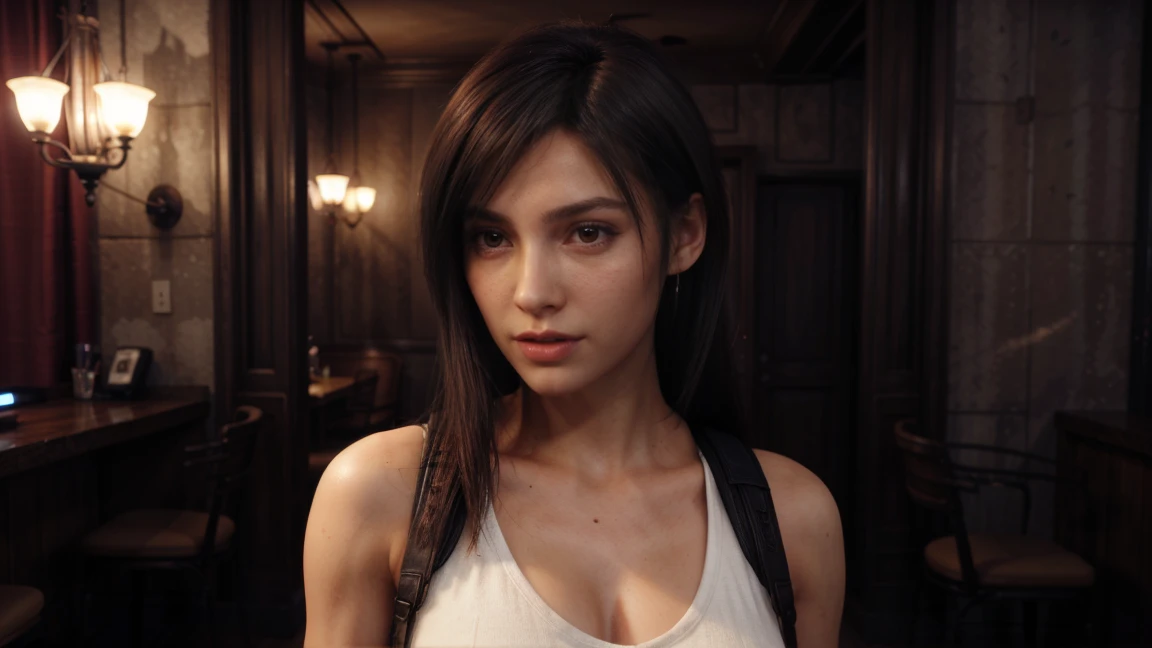 (Perfect lighting, Perspective parfaite, 8K RAW, cheveux noirs naturels,1fille, belle machoire, Very detailed, Realistic, 8K RAW,Detailed face, cheveux noirs, 25 years old tifa lockhart, with long black hair, red large eyes, narrow face, wide mouth, curved brows, Tifa lockart hairstyle, Eye contact, cinematic lighting, vibrant colors, detailed skin texture, fully dressed, beautiful detailed perfect face, intricate sharp details, ultra high res, hot summer, acne, moles, spots, very happy, morning, sourire timide, cinematic lighting, vibrant colors, detailed skin texture, beautiful detailed perfect face, intricate sharp details, ultra high res, morning, delicate fingers, beautiful detailed red eyes, facial light, nombril, High exposure, holding a small coffee cup, Final Fantasy 7 bar, ftifa,