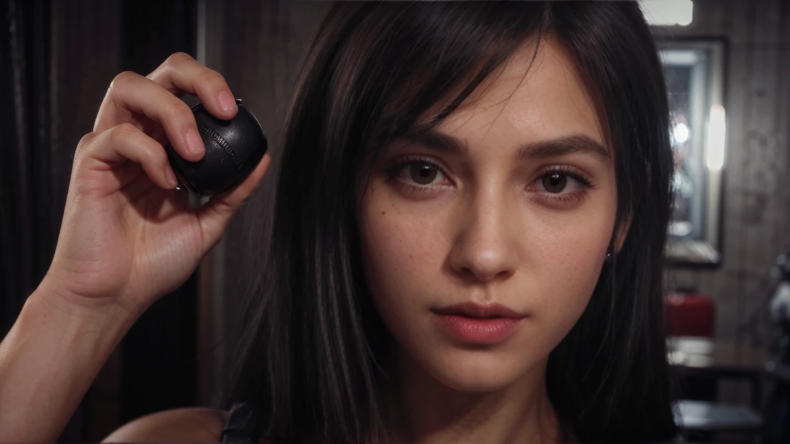 (Perfect lighting, Perspective parfaite, 8K RAW, cheveux noirs naturels,1fille, belle machoire, Very detailed, Realistic, 8K RAW,Detailed face, cheveux noirs, 25 years old tifa lockhart, with long black hair, red large eyes, narrow face, wide mouth, curved brows, Tifa lockart hairstyle, Eye contact, cinematic lighting, vibrant colors, detailed skin texture, fully dressed, beautiful detailed perfect face, intricate sharp details, ultra high res, hot summer, acne, moles, spots, very happy, morning, sourire timide, cinematic lighting, vibrant colors, detailed skin texture, beautiful detailed perfect face, intricate sharp details, ultra high res, morning, delicate fingers, beautiful detailed red eyes, facial light, nombril, High exposure, holding a small coffee cup, Final Fantasy 7 bar, ftifa,