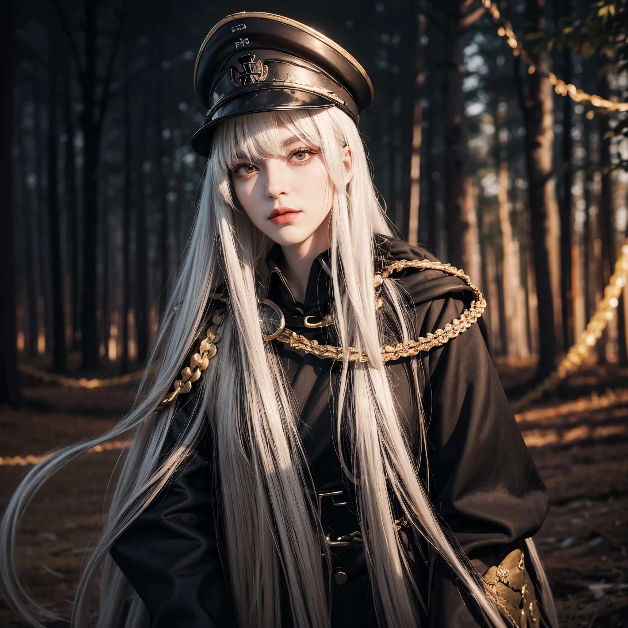 a woman wearing a black gothic style military uniform, black military hat with gold details, iron cross symbol on the military hat, long white hair, red eyes, black boots, in an autumn themed forest, (just one woman, solo),HDR, very detailed, ultra resolution, masterpiece. 8k hd.
