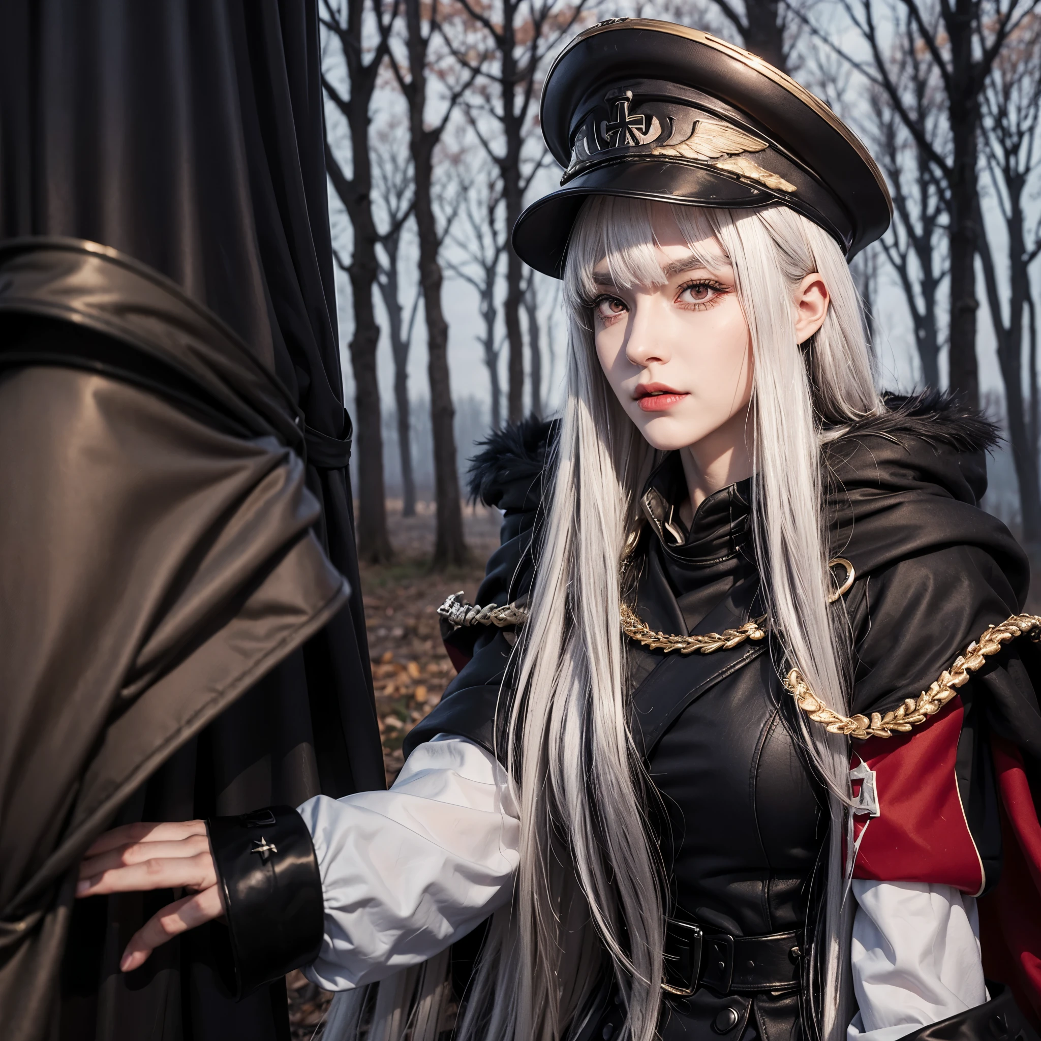 a woman wearing a black gothic style military uniform, black military hat with gold details, iron cross symbol on the military hat, long white hair, red eyes, black boots, in an autumn themed forest, (just one woman, solo),HDR, very detailed, ultra resolution, masterpiece. 8k hd.
