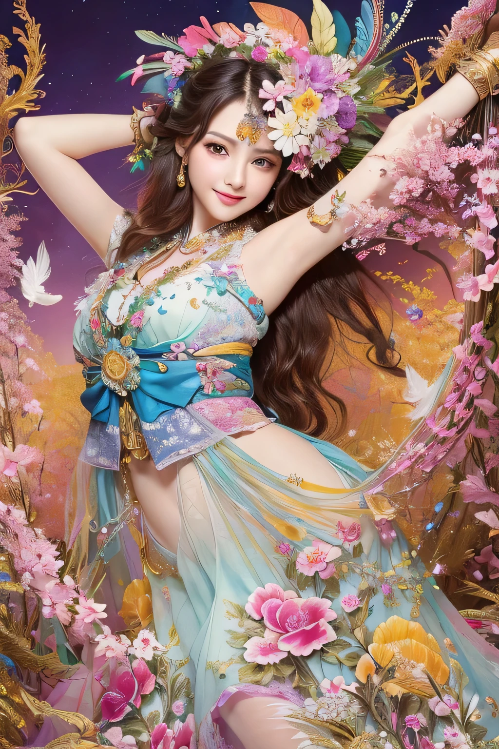 (masterpiece、highest quality、highest quality、official art、beautiful beautiful:1.2)、(1 girl)、very detailed、(fractal art:1.3)、colorful、most detailed,(Pose with movement:1.4)、Details Beautiful and delicate features、Beautiful details and delicate eyes、very fine resolution, (symmetrical eyes:1.3),((japanese hair)),((natural smile)),Floral,feather