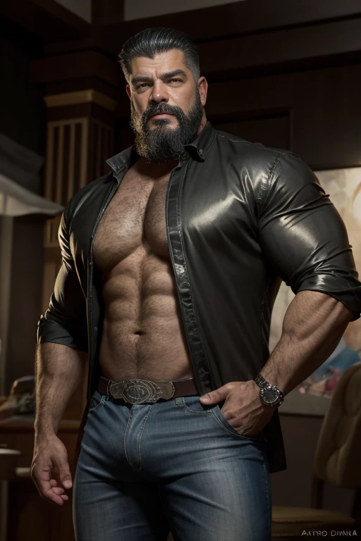 Un retrato de personajes [muscular middle-aged man from the Soviet Union, cuerpo peludo, macho alfa, huge biceps, abdominales definidos, pelo lanudo, elegante, pantalones vaqueros, capucha negra, Zapatillas blancas, sonrisa seductora, My hero] Autumn Park, 4k, alto detallado, Hermoso, edad Oscura, arte de Stanley artgerm, por Daniel F. Gerhartz, por Pino Daeni, muy detallado, sharp focus.