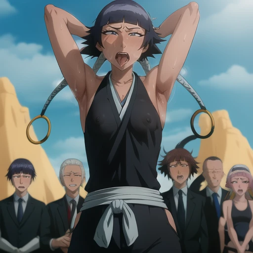 ( Animation screenshots:1.1),outdoor, Nipples exposed, 1 female, alone, black hair, side breasts,eternal, short hair with long locks, japanese clothing, - Hip vents, no underwear,short hair, small breasts, (white eyes:1.1),No eyeballs, Also available in black, no head gear,low double braids,Face the audience, looking at the audience, tired, from below, (露armpit:1.1), ((armpit:1.2)), Sexy, Sweat dripping, More and more sweat,(ahegao), (Roll your eyes), naughty face, blush, open mouth, Sticking out tongue, saliva, sloppy person,Runny nose,skinny, raise arms, (arms above head:1.5)