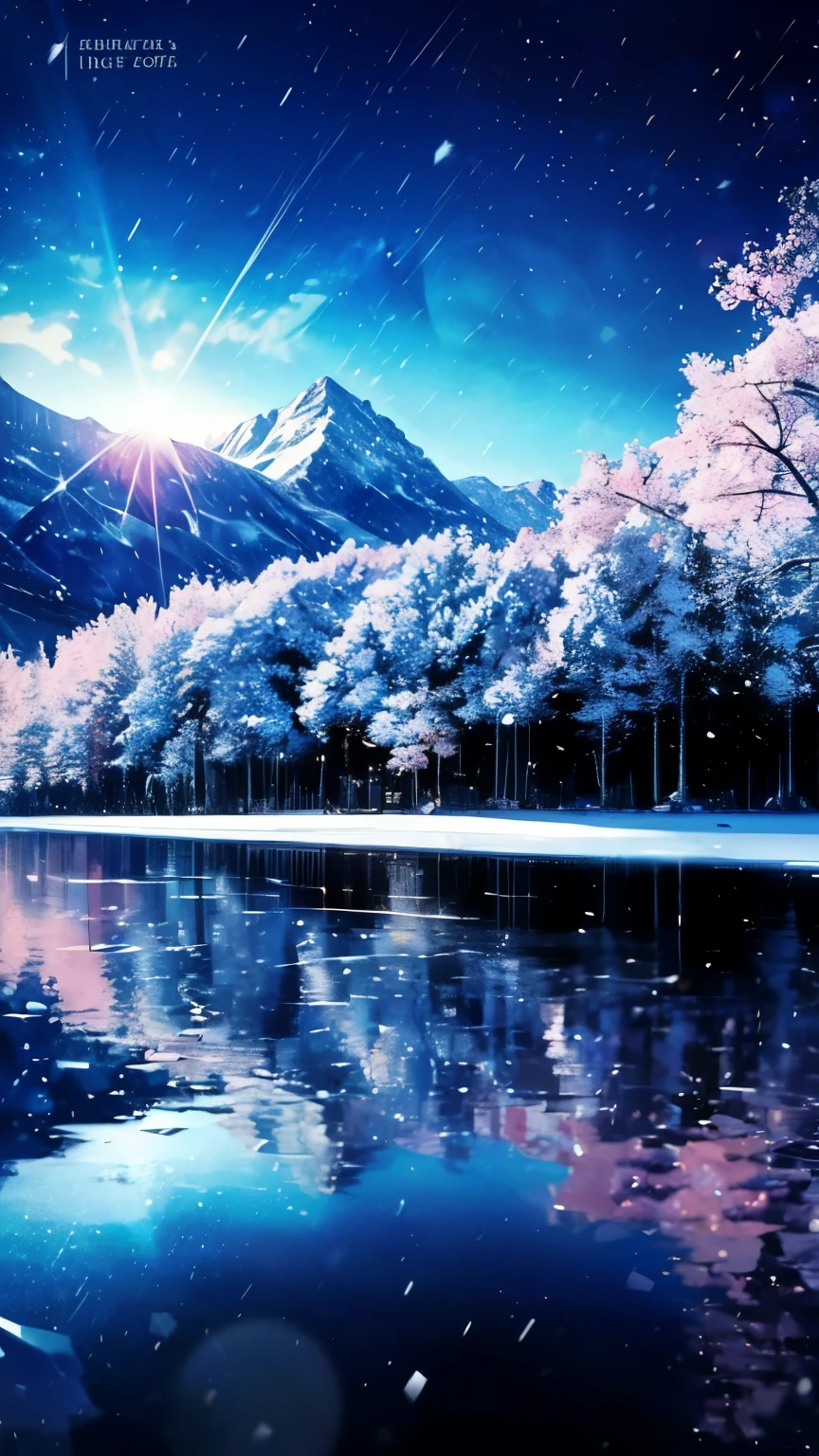 ((logo、masterpiece、8k、table top、RAW photo、wonderful、最high quality、フォトrealでvery detailedなCG統合8k壁紙、high quality、very detailed、Narrative poem、particle effects、dynamic effects、character border depth、cinematic light、Lens flare、ray tracing、table top、real:1.4、ultra high resolution:1.2、real、real))、fantasy、night、Wind、darkness、雪とhoarfrost、frigid winter day、snow-capped mountainや森、hoarfrost、snow-capped mountain々、The beauty and brilliance of frost-covered trees、Silent and beautiful grasslands in a world of ice and snow、vast land、Lakeside、wonderful景色、美しい自然のWind景、night空、Wind、cherry blossoms、cherry blossoms花びら舞っている、cherry blossoms吹雪、falling petals