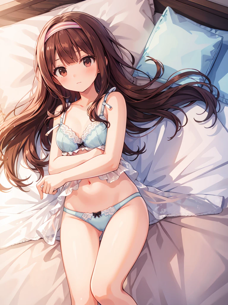 masterpiece, beautiful illustrations, highest quality, pretty girl, 1girl, Bedroom, pastel colour, (two-separated lingerie), cute lingerie, reddish brown long hair, headband, bright lighting, presenting, looking at viewer, on bed