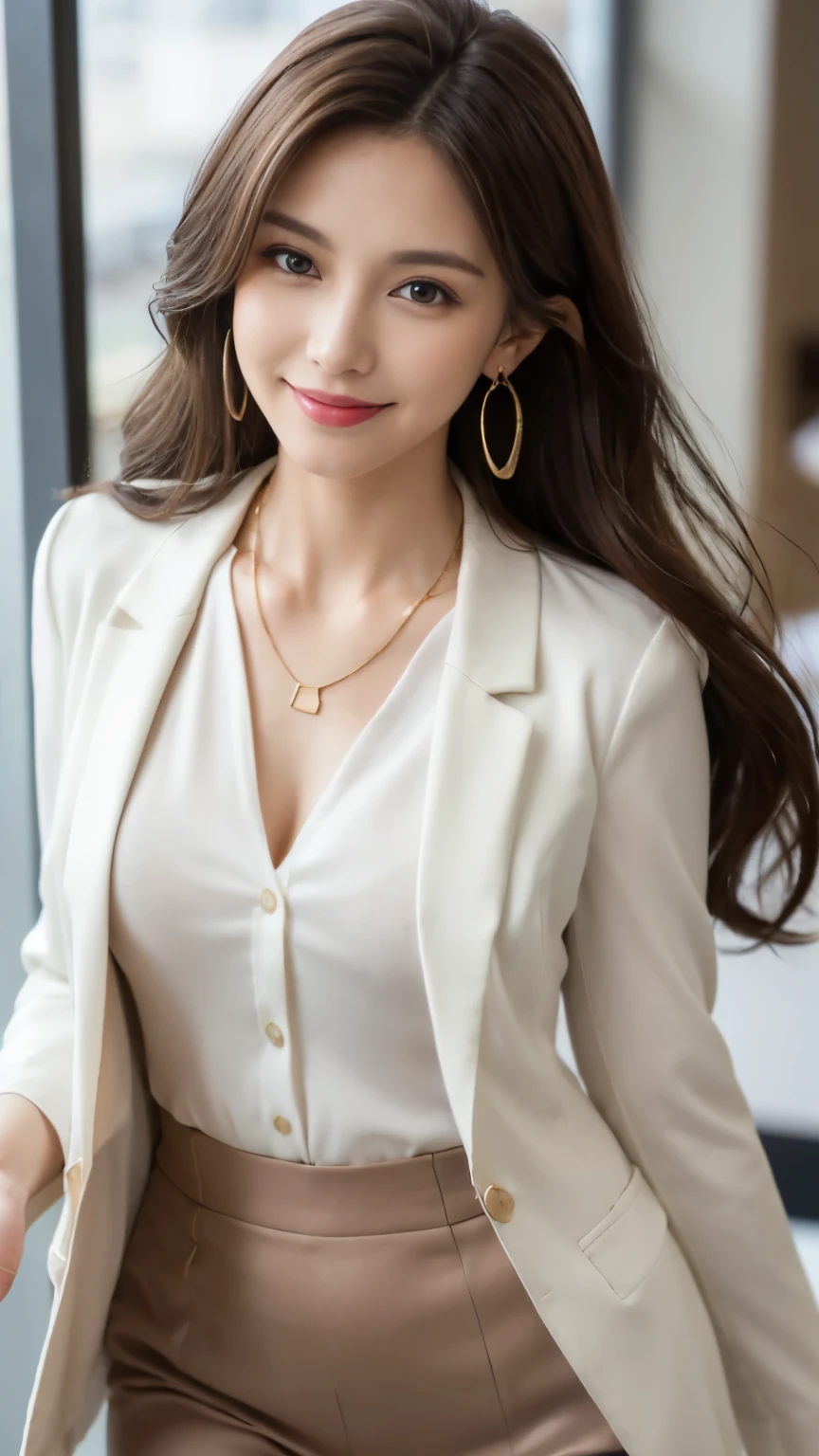 table top, highest quality, realistic, Super detailed, finely, High resolution, 8k wallpaper, 1 beautiful woman,, light brown messy hair, wearing a business suit, sharp focus, perfect dynamic composition, detailed and beautiful eyes, fine hair, Detailed and realistic skin texture, smile, close-up portrait, model body shape、((Super long brown hair:1.2))、((Hair with loose waves inside:1.2)),((shy smile:1.3)),((gold necklace＿Large earrings:1.2)),full body shot、in the office hallway、Coming running up to you、smileで走ってくる、With her hair flying、(((standing full body figure supermodel, full body shot, the whole body fits within the frame))),(blazer jacket:1.4)、((((worn inside the shirt, wearing a blouse, Wearing a white very short shirt, smooth white tight clothing suit, Business service:1.3)))),((Smiling_running towards here_long flowing hair:1.4))((full body shot:1.3))、((full body shot:1.3))