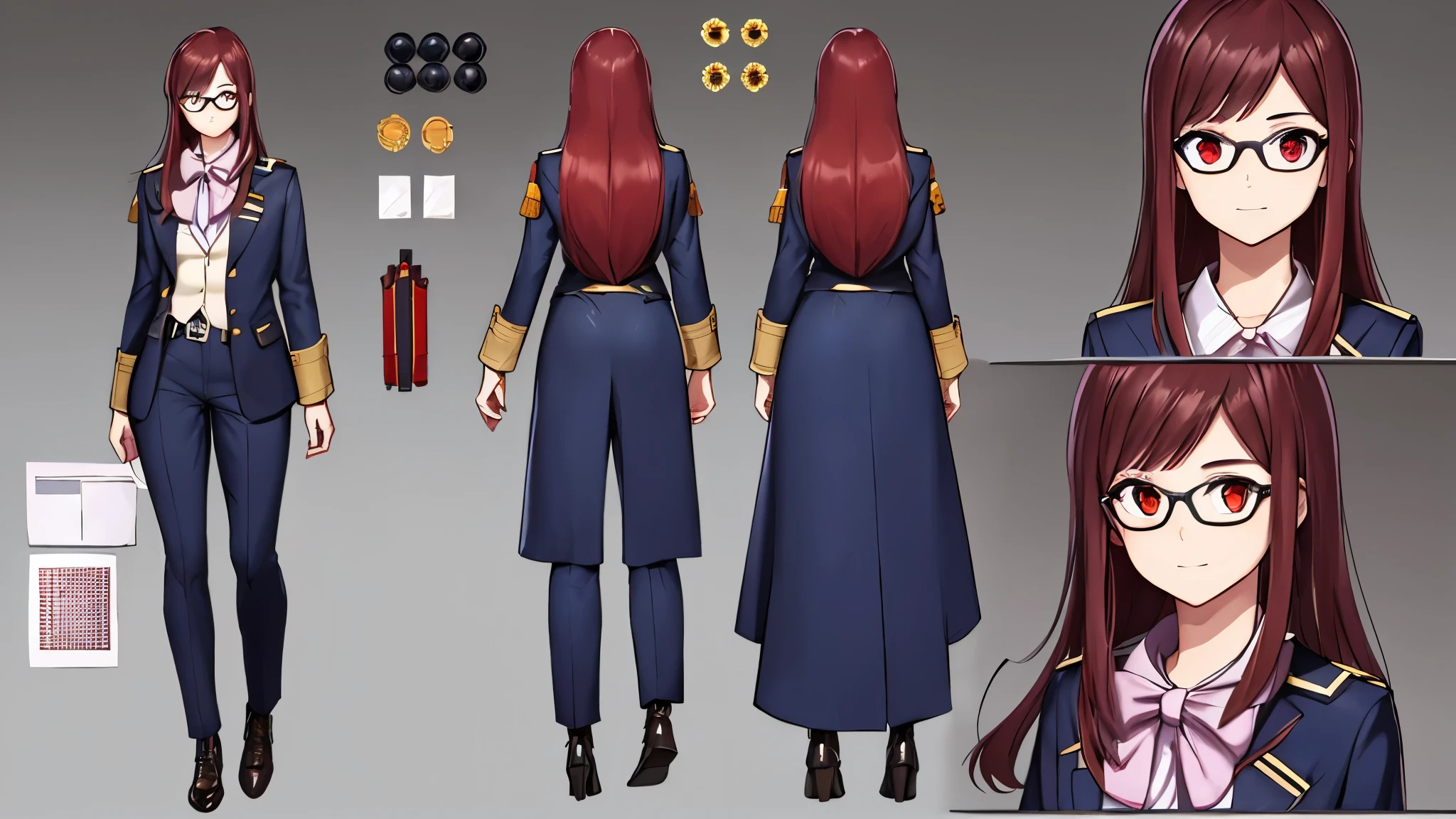 (Masterpiece, best quality), detailed, (1girl), ((character concept art)), ((character design sheet, same character, front, side, back)), many items, (sci-fi spaceship siencist uniform, space traveler, military cloth, many parts), (detailed red eyes, (reading glasses)), detailed face, different expressions, (athletic:1.3), red hair, Green skin tone color,  detailed long hair, formal style haircut, full of details.