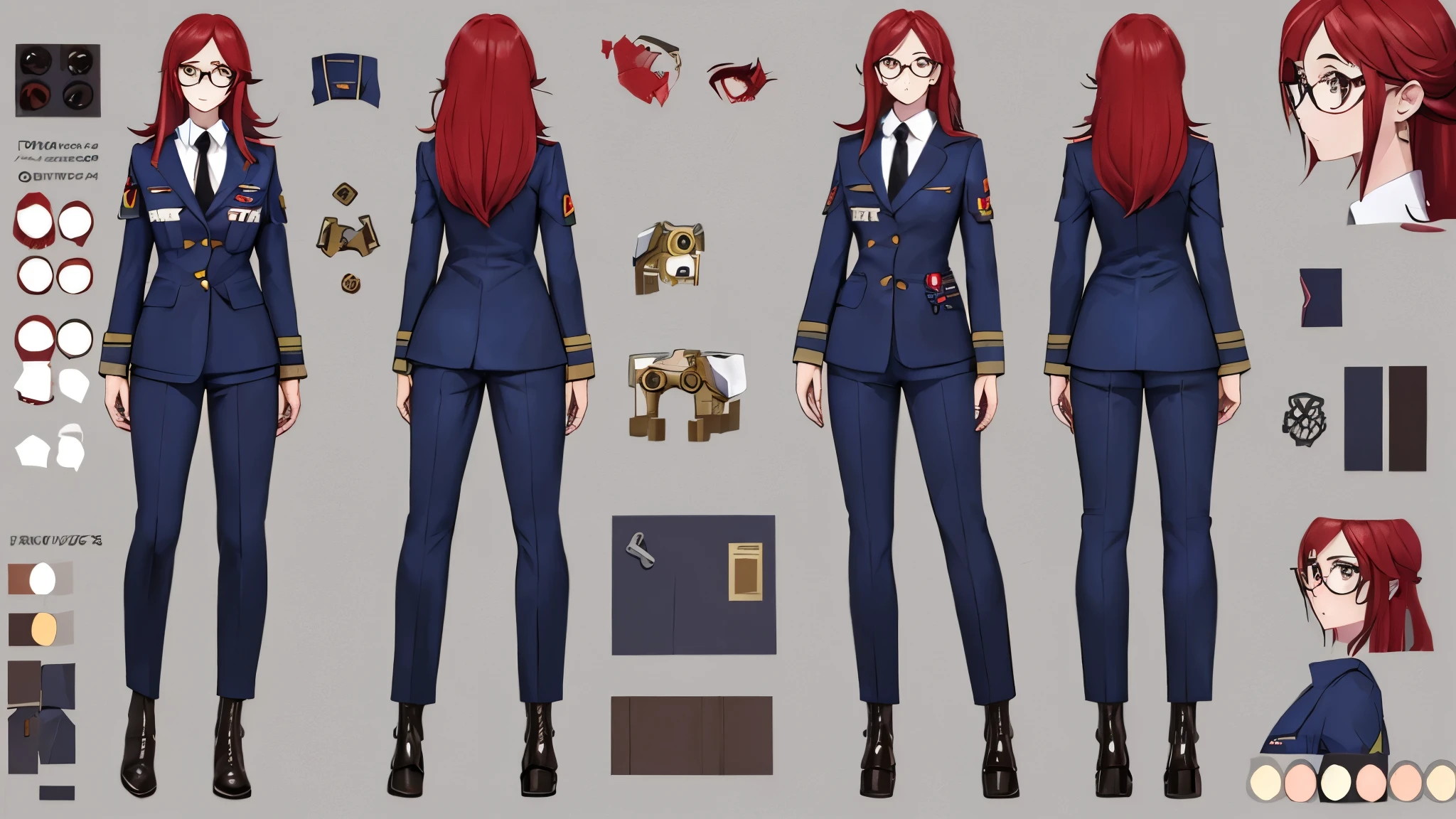 (Masterpiece, best quality), detailed, (1girl), ((character concept art)), ((character design sheet, same character, front, side, back)), many items, (sci-fi spaceship siencist uniform, space traveler, military cloth, many parts), (detailed red eyes, (reading glasses)), detailed face, different expressions, (athletic:1.3), red hair, Green skin tone color,  detailed long hair, formal style haircut, full of details.