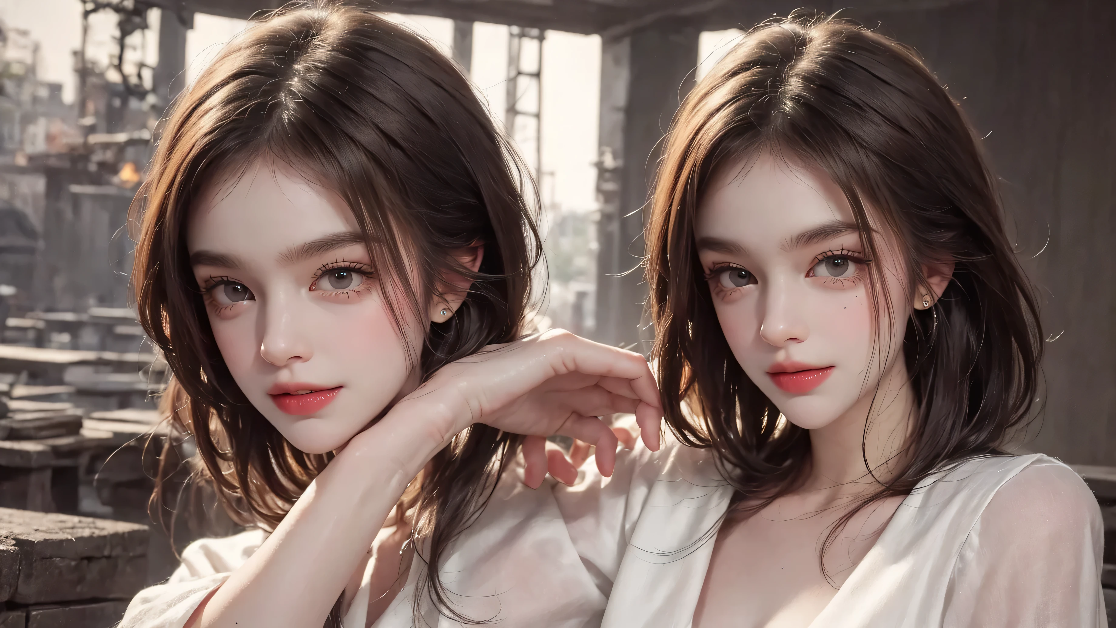 outdoor、Light brown short hair、smile、