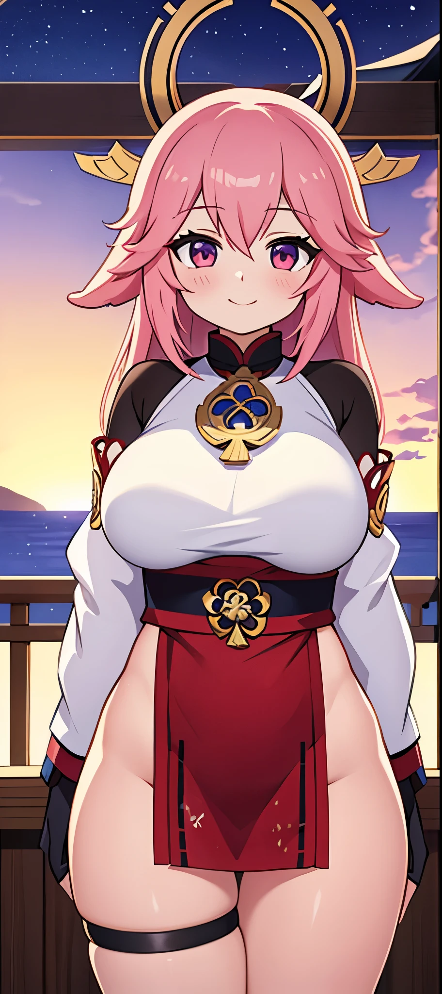 yae miko| genshin impact, master-piece, bestquality, 1girls,20 years old, The sky is beautiful, View viewers from the front., Thigh strap, horny, HD, slight smile, big tits, under tits,