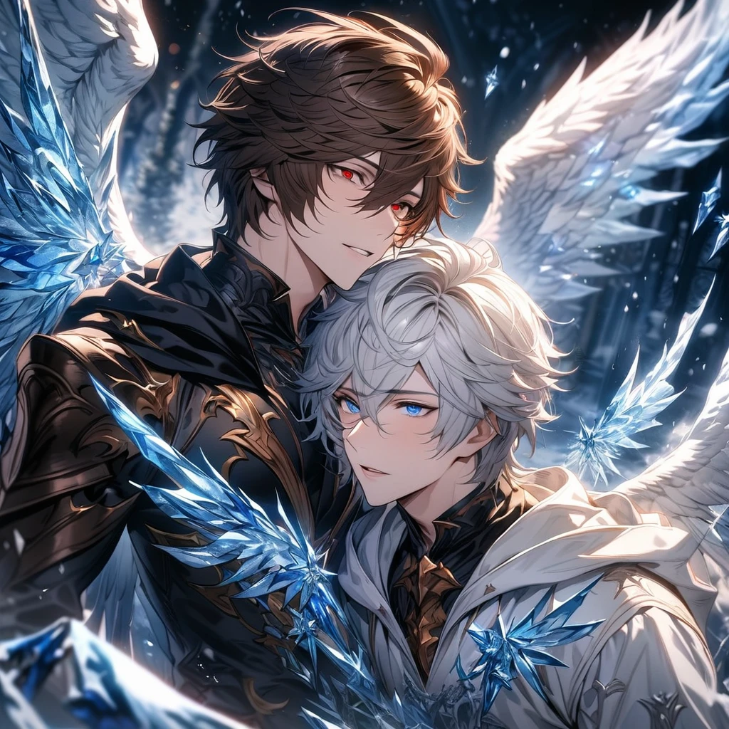 absurdres, highres, ultra detailed, HDR), masterpiece, Lucifer, white short hair, hair between the eyes, vibrant blue eyes, Sandalphon, dark brown short hair, hair between the eyes, vibrant red eyes, 2men together, gay couple, handsome, granblue fantasy, fantasy black and white clothes, angel wings, winter, ice butterflies, ice flowers