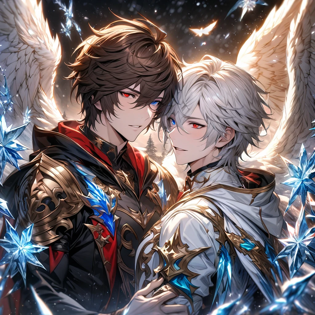 absurdres, highres, ultra detailed, HDR), masterpiece, Lucifer, white short hair, hair between the eyes, vibrant blue eyes, Sandalphon, dark brown short hair, hair between the eyes, vibrant red eyes, 2men together, gay couple, handsome, granblue fantasy, fantasy black and white clothes, angel wings, winter, ice butterflies, ice flowers