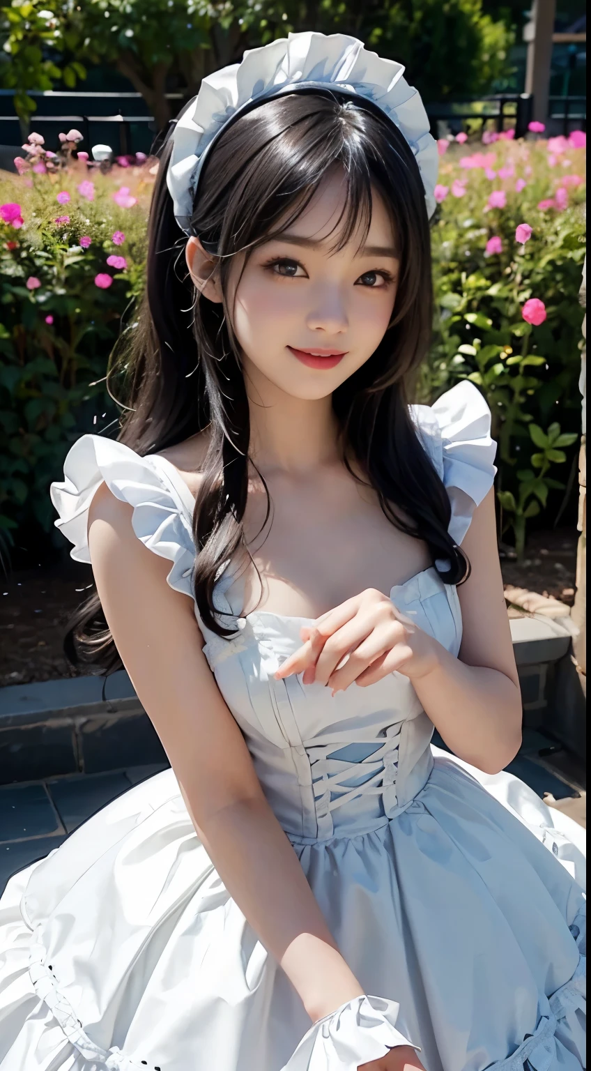 top-quality、​8K Masterpiece、Draw the face in detail、1 childish girl、 wearing maid costume、kawaii pose、professional lighting、Happy expression、Shiny black hair、perfect anatomy、garden
