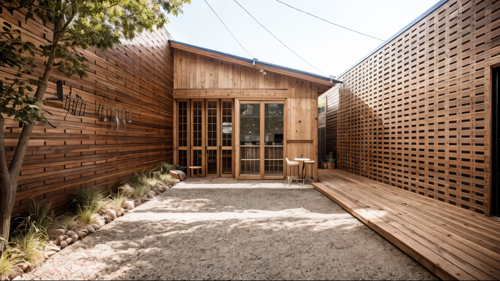 Please design me a coffee shop, minimalist and rustic style, the main material is old wood, if you can add some people and tables and chairs, please make them if possible.