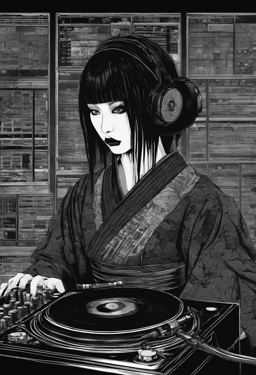 dark melancholic traditional japanese emo woman geisha djing skinhead, by the gothic, goth emo fashion