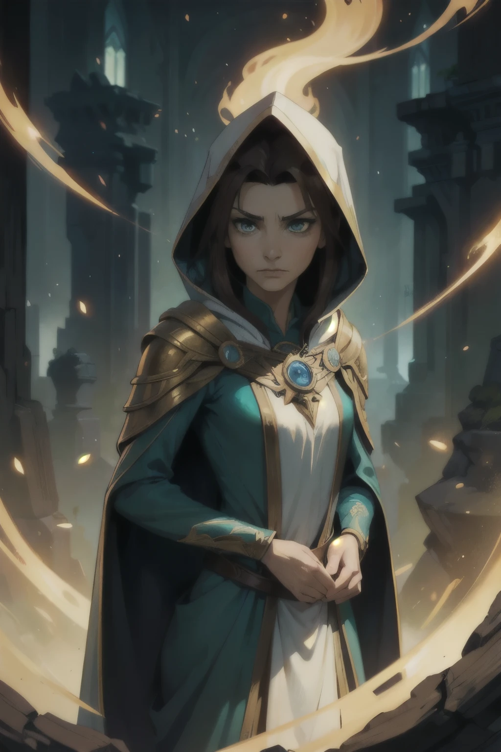 (brom, fantasy artwork:1.2), A beautiful flushed woman with green eyes and brown hair she is a sorceress wearing white and gold noble robes With Hood A princess of magic and a sad look of dramatic concern