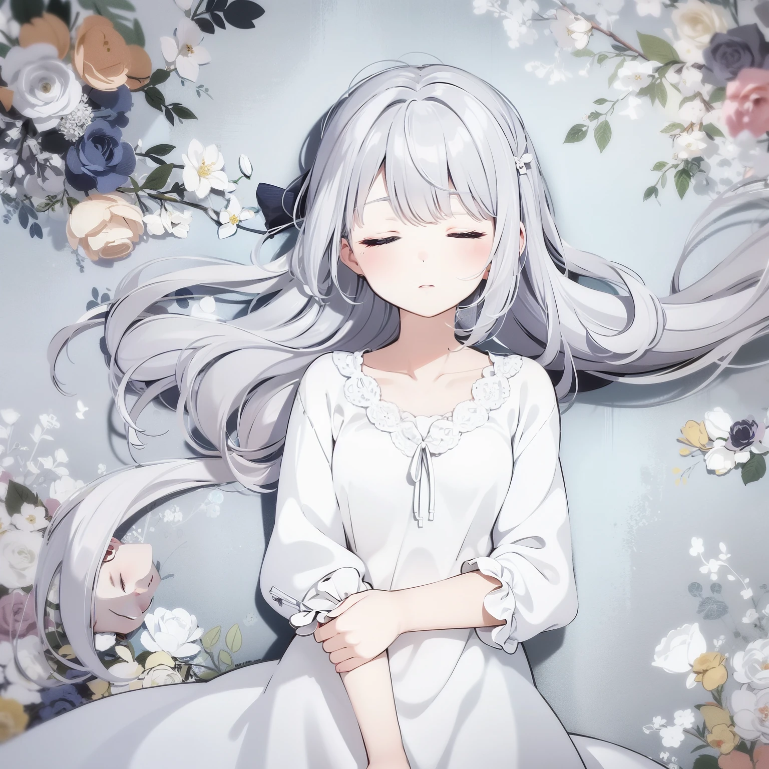 ((masterpiece, best quality))++, Detail lights+, detail hair+, Detail hand+ ,1 girl, long gray hair, dark blue eyes, beautiful eyes, Young gray hair,,(beautiful white hair:1.5),(beautiful eyes), high resolution+, , Glass tones, Reflective eyeanyery detail wallpaper, The original, ,Headband ,,single ponytail,,A girl sleeping at home,Wear a nightgown,closed eyes,Warm colors,the view of the city