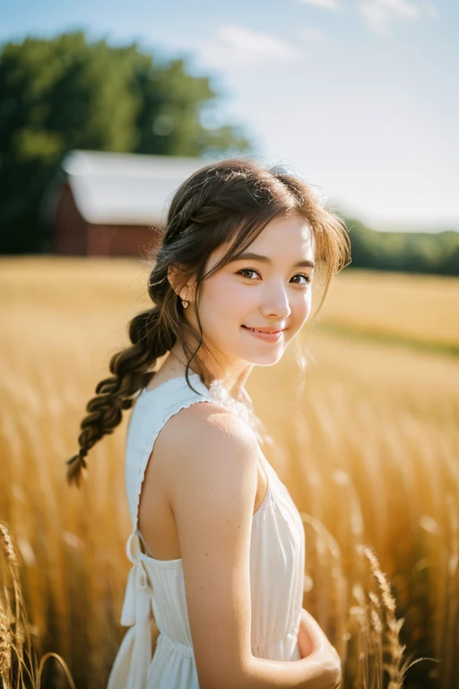 1 girl, 20-year-old, tall and attractive, wearing a cute country dress, braided hair, standing in a rustic farm. she has soft, A gentle smile and expressive eyes. In the background is a charming barn, Golden wheat field and clear blue sky. The composition should be bathed in warm golden light, Soft depth of field and soft bokeh、Emphasizes idyllic tranquility。. Capture images that look like they were shot on vintage 35mm film.、Adds power, movie,