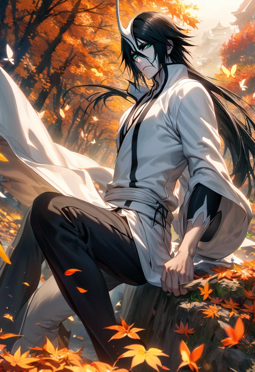 Ultra detailed, highres, absurdres, HDR, Ulquiorra cifer, black hair, green eyes, pale skin, arrancar white clothes, Bleach, handsome, 1 man only, orange leaves, petals, flowers, butterflies, autumn,