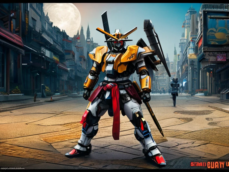 Sci-fi genre , young samurai , Wear samurai armor , Gundam , holding a pair of swords in hand , standing in the middle of the city , The background is the moon and city buildings. , Dark tones