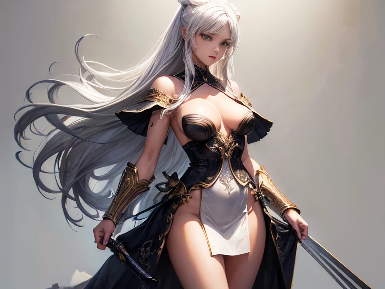 Act as a professional digital artist specializing in character design and illustration.
1. Start with a sketch of 30 year old woman wearing sensual warrior woman attire.
2. Ensure the character is standing in front of completely blank gray background.
3. Add intricate details to the clothing and character features, such as long hair and elegant accessories.
4. Use a digital painting technique to achieve a highly detailed and polished look.
final product should be a high-resolution, sharp focus illustration of nearly naked fighter that resembles the art style of Wlop, Charlie Bowater, and Alexandra Fomina
The artwork should must be suitable for an art station portfolio, conceptual art, with a smooth and clean finish. (Random white hair:1), (NSFW:1)